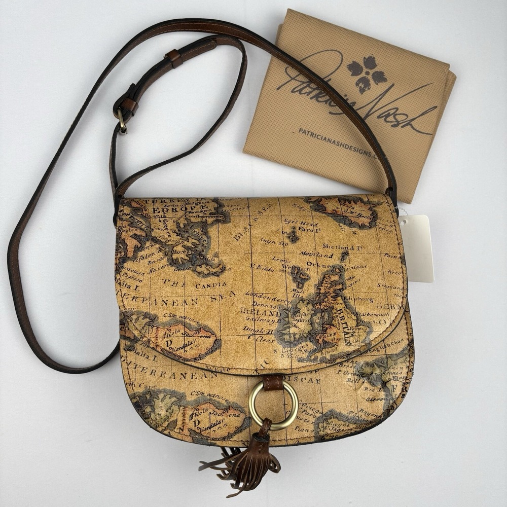 Patricia Nash Brinlee Leather Saddle Crossbody Bag Tassel European Map